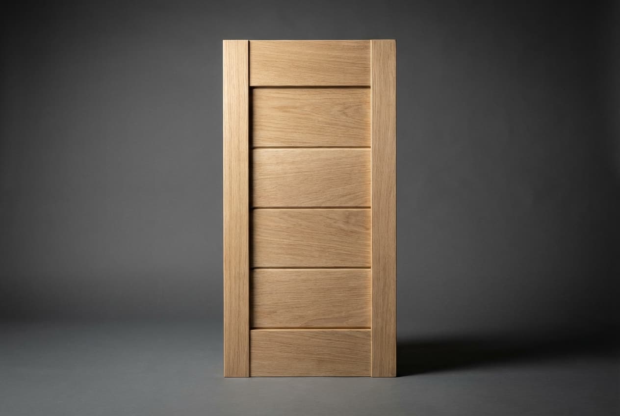 Gros plan sur un volet en bois massif sans traverse en Z, montrant la qualité de l'assemblage et du bois.