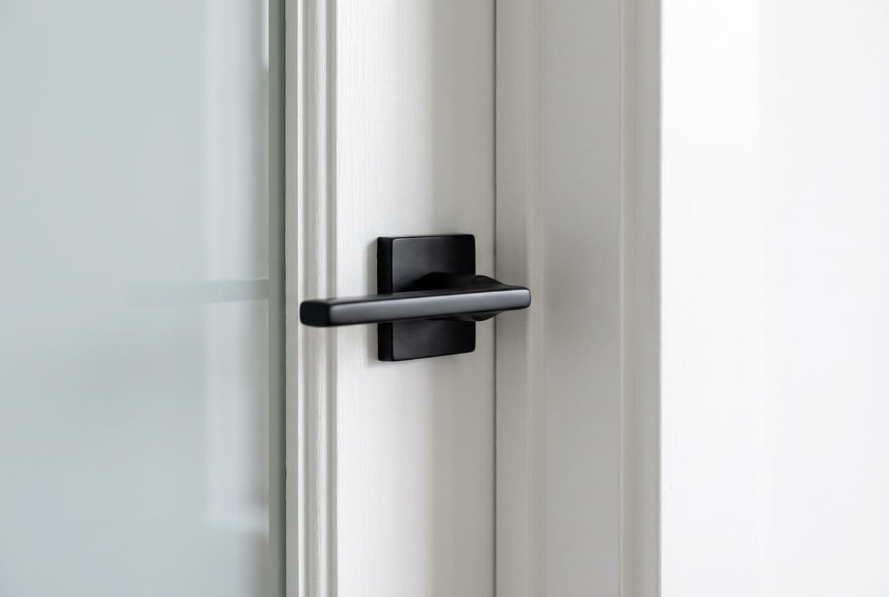 Gros plan sur une poignée moderne noire sur le cadre blanc d'une porte vitrée.