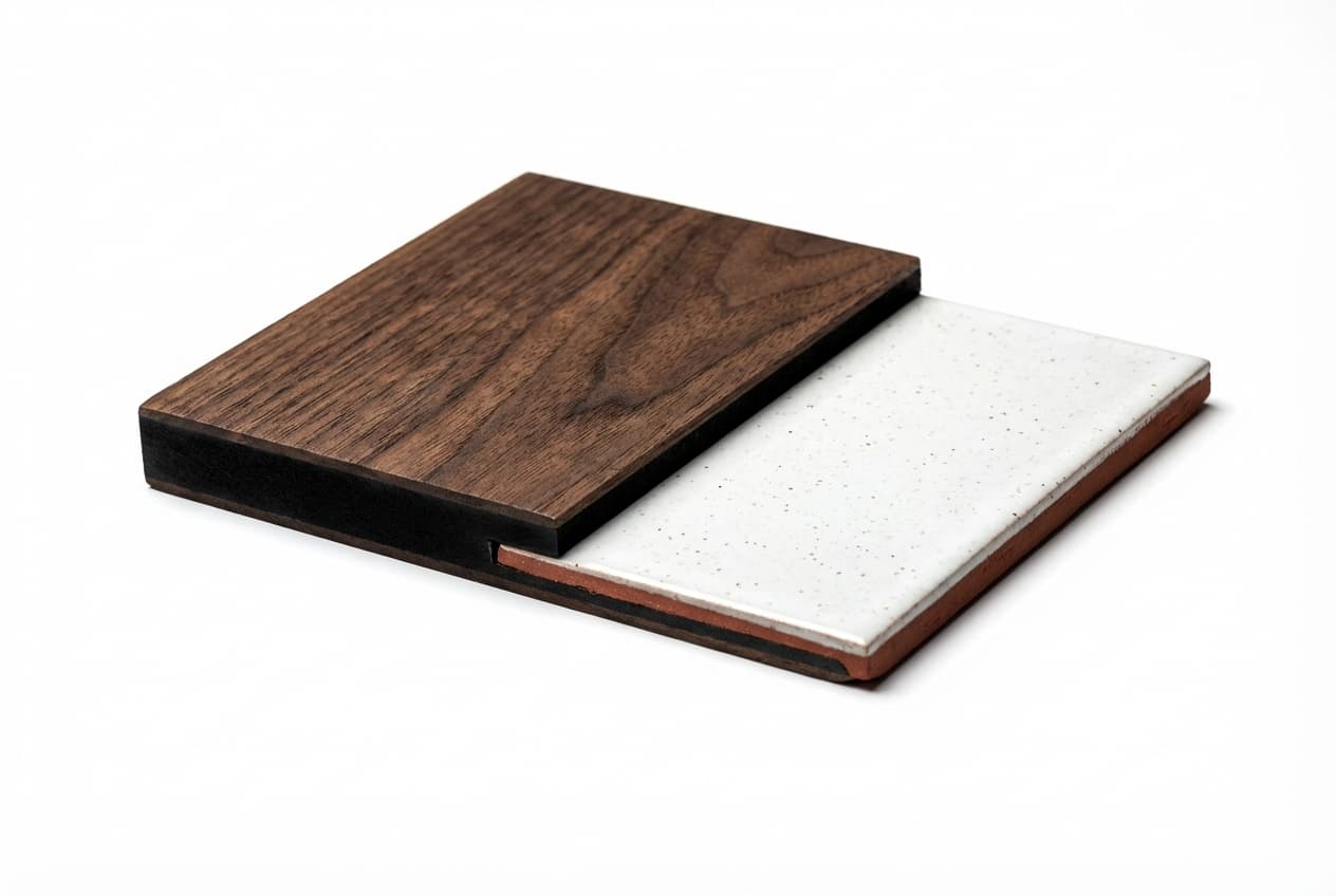 Comparaison visuelle entre un échantillon de stratifié et du carrelage ancien.