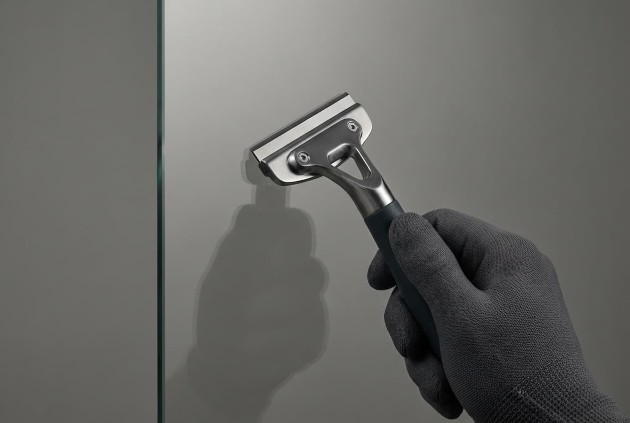 Gros plan sur un grattoir métallique utilisé pour nettoyer les surfaces vitrées