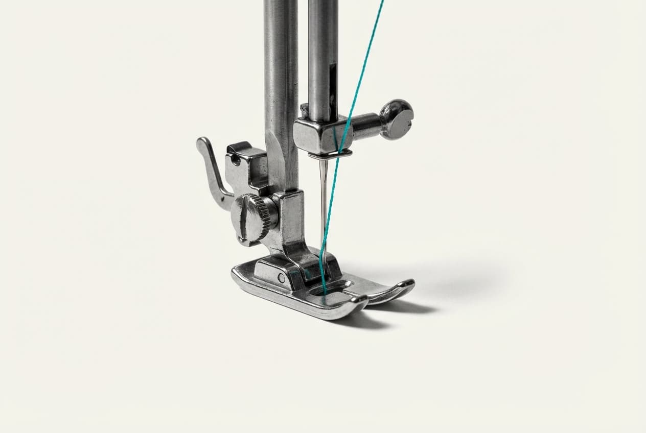 Gros plan sur le pied-de-biche et l'aiguille d'une machine à coudre Silvercrest.