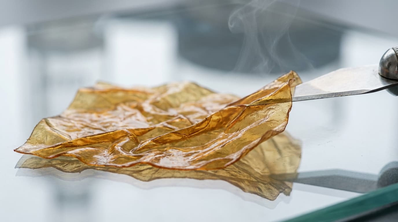 Détail macro du processus de retrait de tissu fondu sur la vitre d'un poêle avec une lame