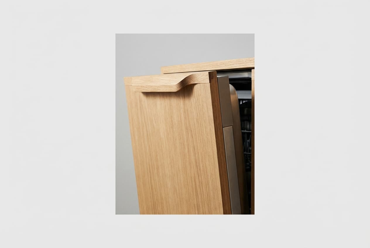 Gros plan d'une porte de placard en bois minimaliste cachant un frigo.