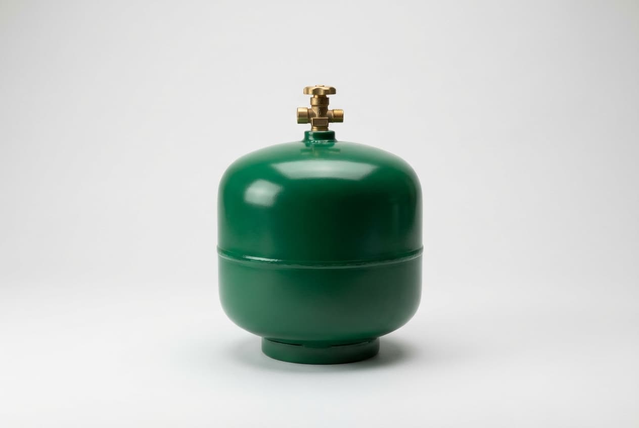 Bouteille de gaz Twiny verte isolée sur fond clair.