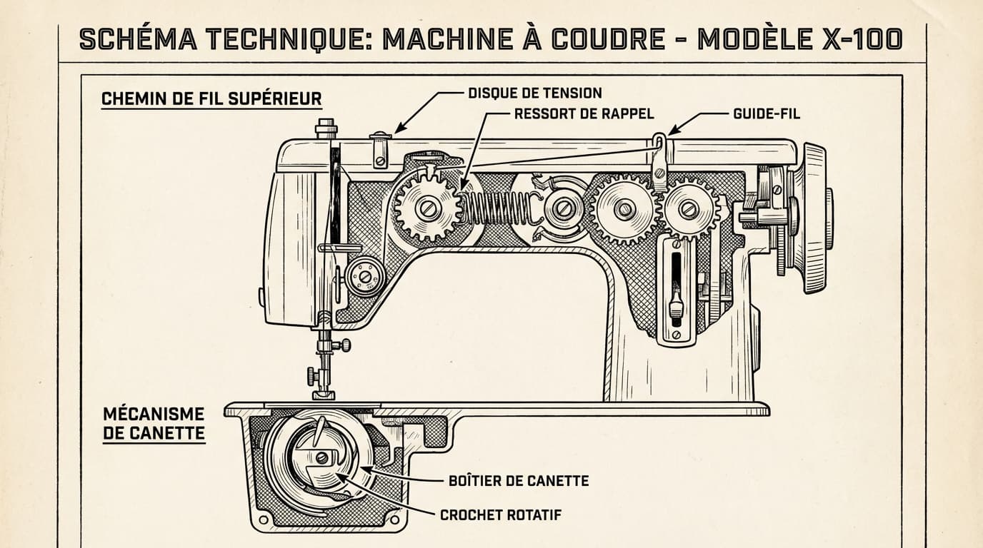 Schéma technique montrant le mécanisme de la canette et le passage du fil sur une machine Silvercrest.
