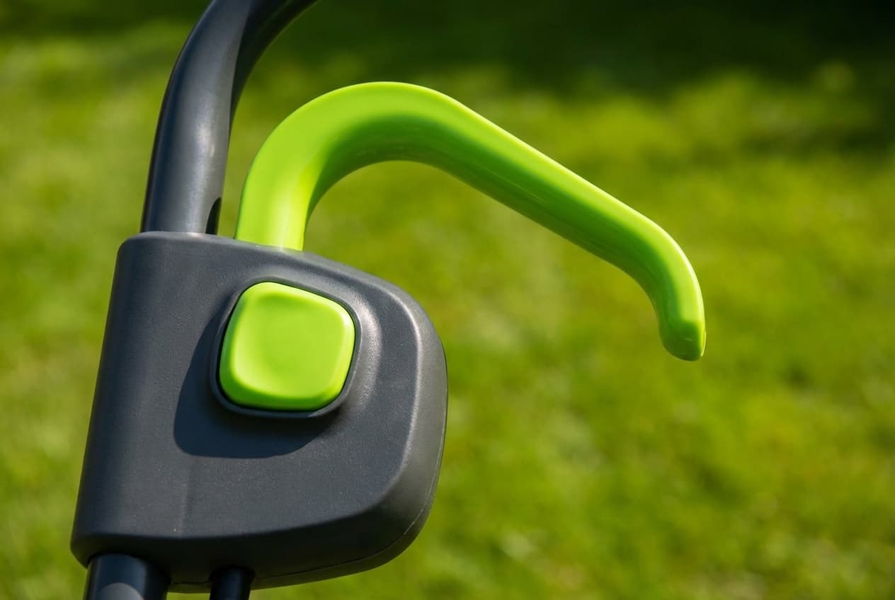 Gros plan sur le bouton de démarrage et la poignée de sécurité d'une tondeuse moderne.