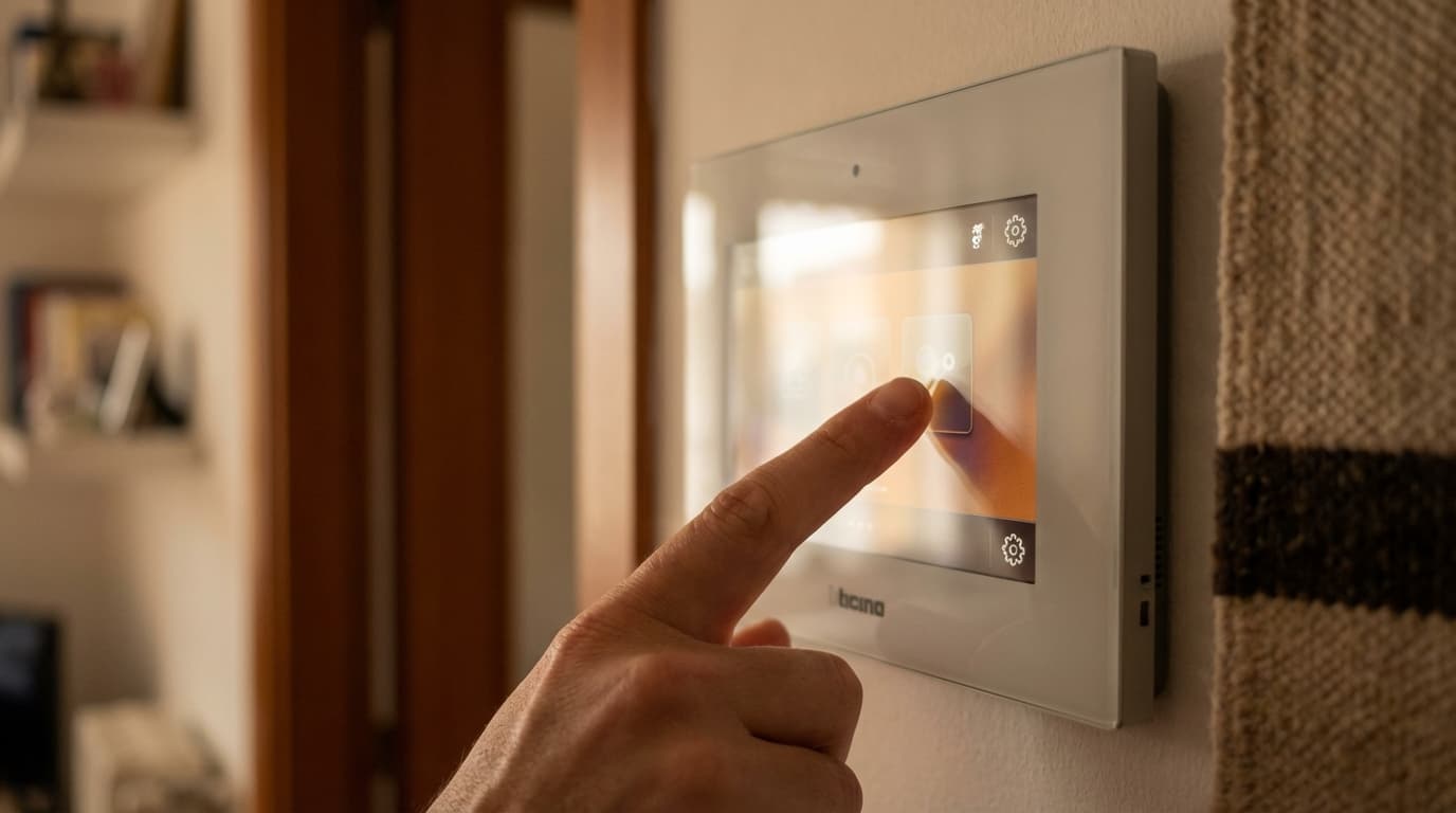 Gros plan sur une personne réglant les paramètres de configuration sur l'écran tactile d'un Bticino Classe 300.