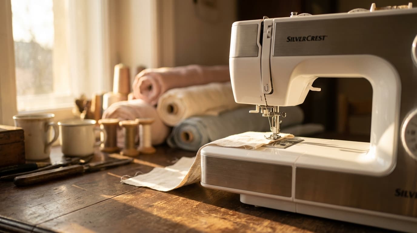 Photographie éditoriale d'une machine à coudre Silvercrest dans un atelier baigné de lumière naturelle.