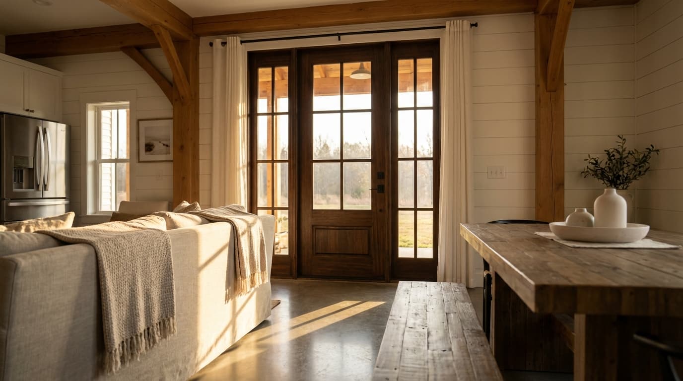 Une porte vitrée rustique magnifiquement rénovée dans un intérieur de style farmhouse moderne baigné de lumière naturelle.