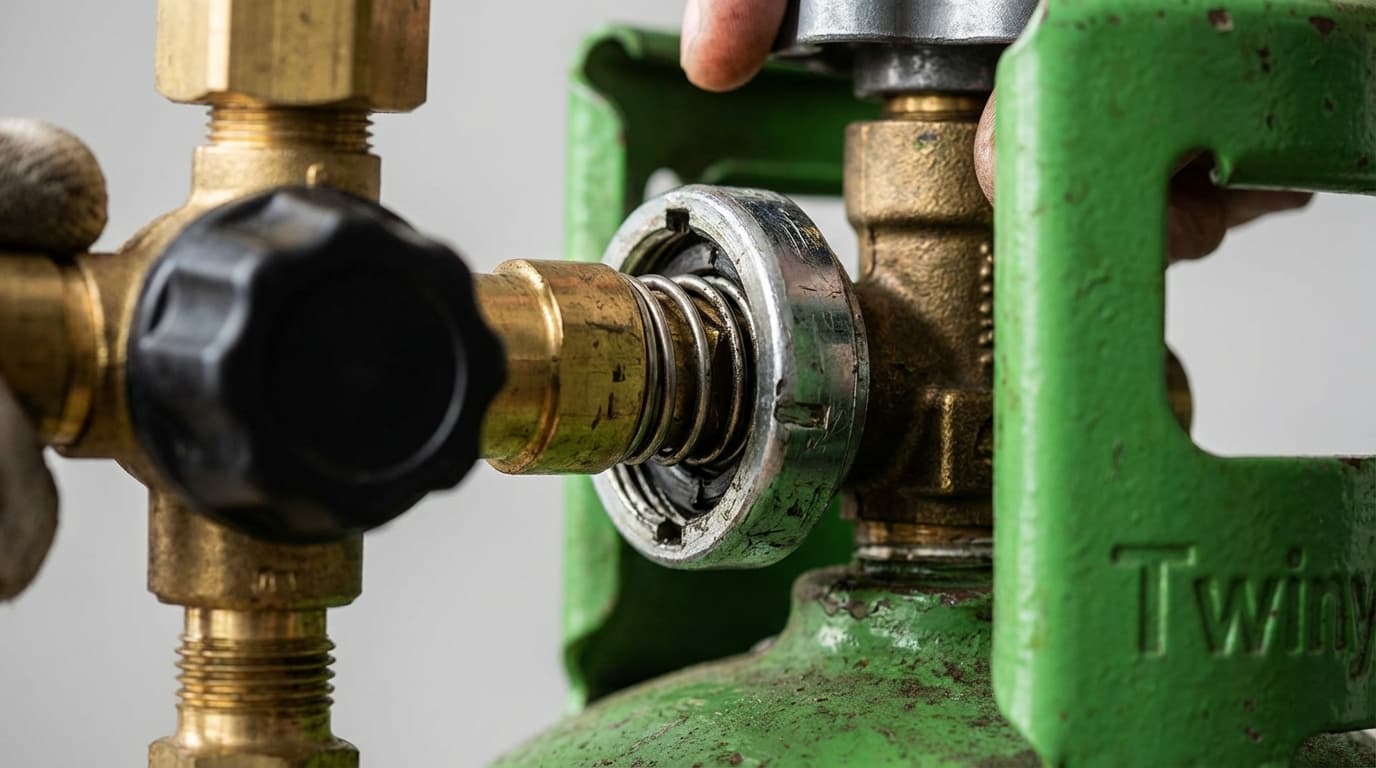 Gros plan détaillé de la connexion du détendeur sur la valve d'une bouteille de gaz Twiny.