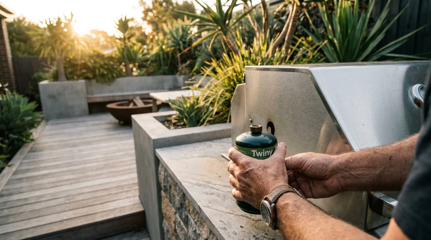 Installation d'une bouteille de gaz Twiny verte sur un barbecue dans un jardin élégant au coucher du soleil.