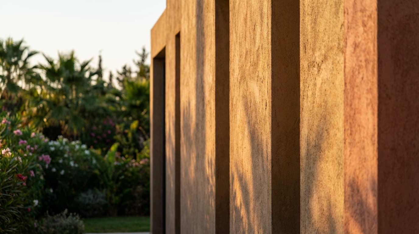 Façade d'une maison contemporaine avec un enduit minéral texturé sous la lumière du soleil couchant.
