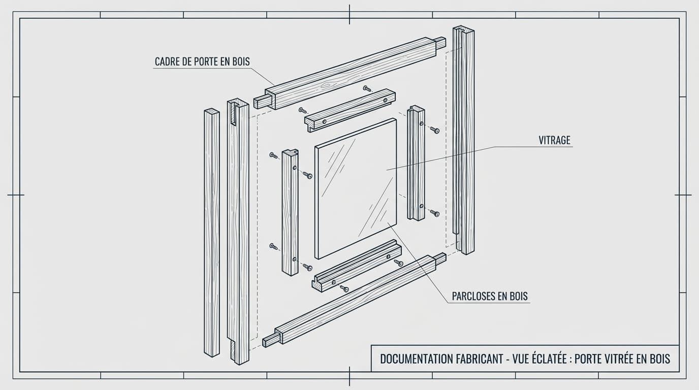 Schéma technique en vue éclatée présentant les composants d'une porte vitrée pour faciliter le démontage et la rénovation.