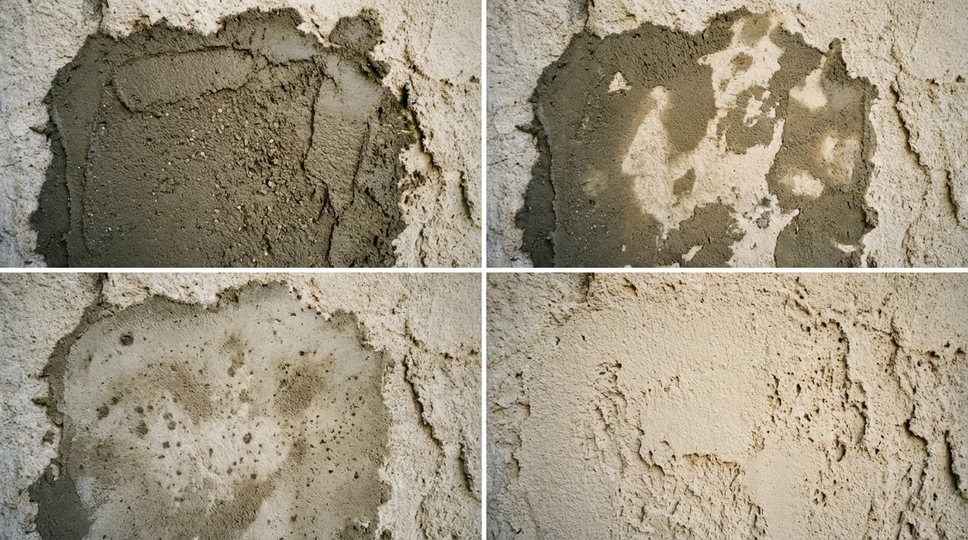 Détail du processus de séchage montrant la différence de teinte entre l'enduit humide et sec.