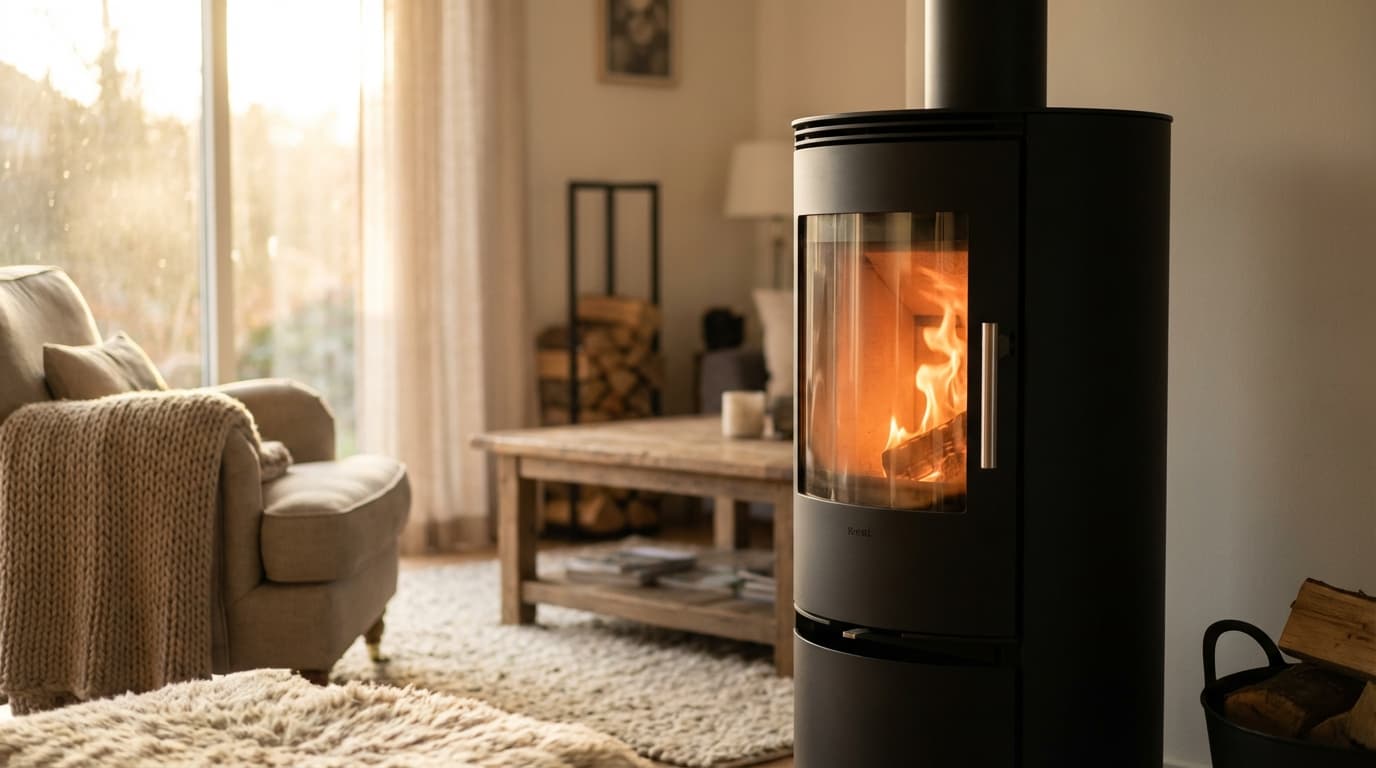 Un poêle à bois moderne allumé dans un salon chaleureux avec une vitre propre montrant les flammes