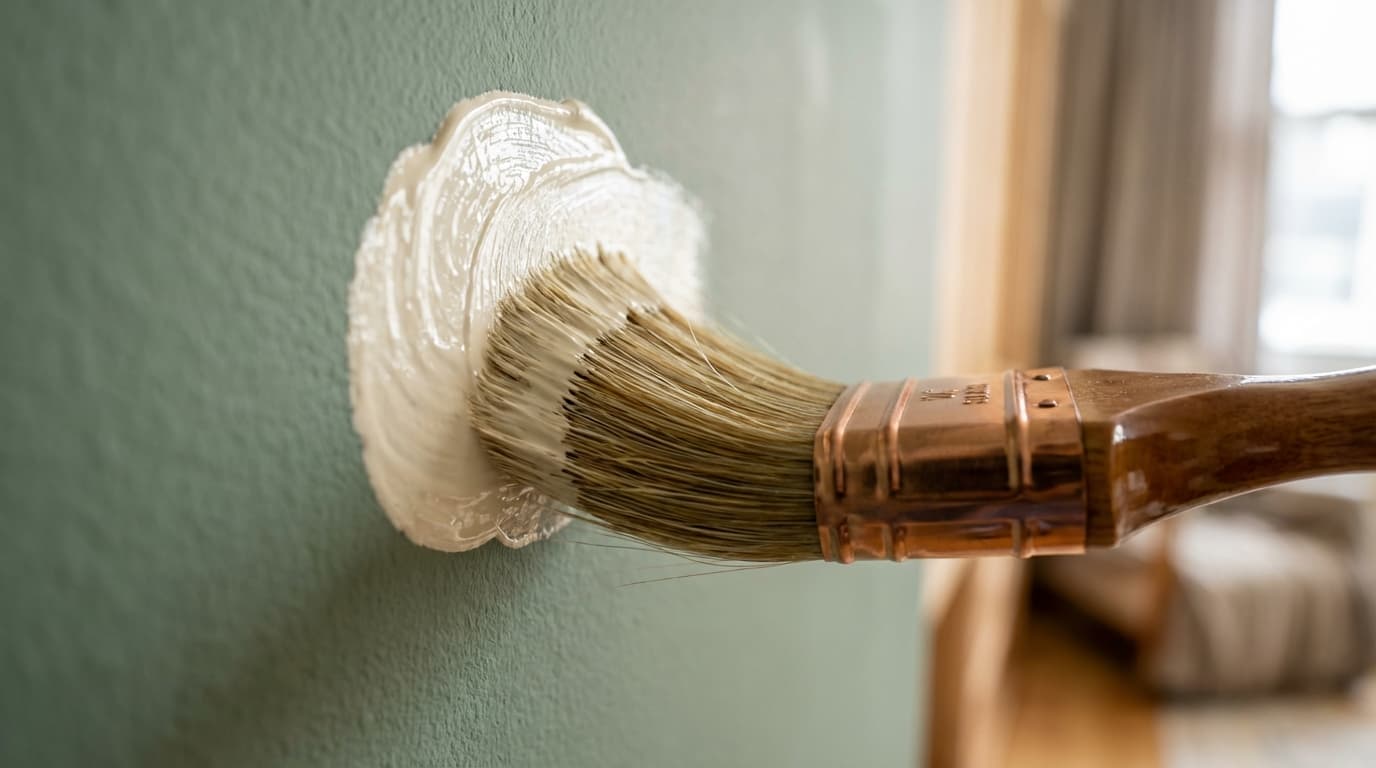 Gros plan cinématographique d'un pinceau appliquant une peinture glycéro brillante sur une surface mate à l'eau.