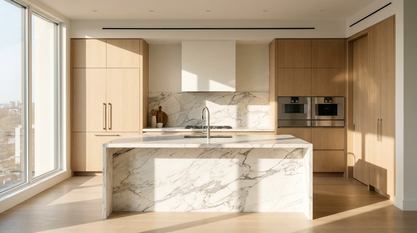 Cuisine moderne luxueuse avec un réfrigérateur parfaitement intégré et caché dans des armoires en bois sur mesure.