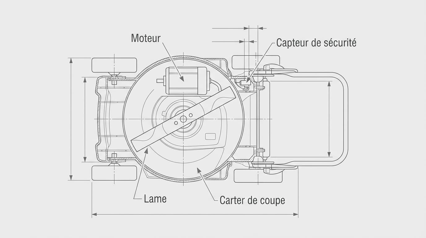 Mécanisme de sécurité tondeuse Schéma technique détaillé de l'intérieur et de la lame d'une tondeuse avec annotations en français.