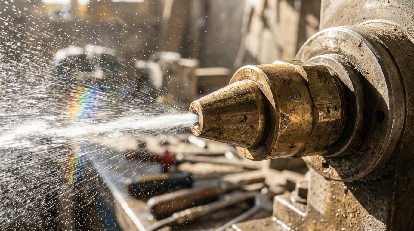 Focus qualité et performance Laurus Détail macro d'un jet haute pression montrant la précision technique de l'équipement.