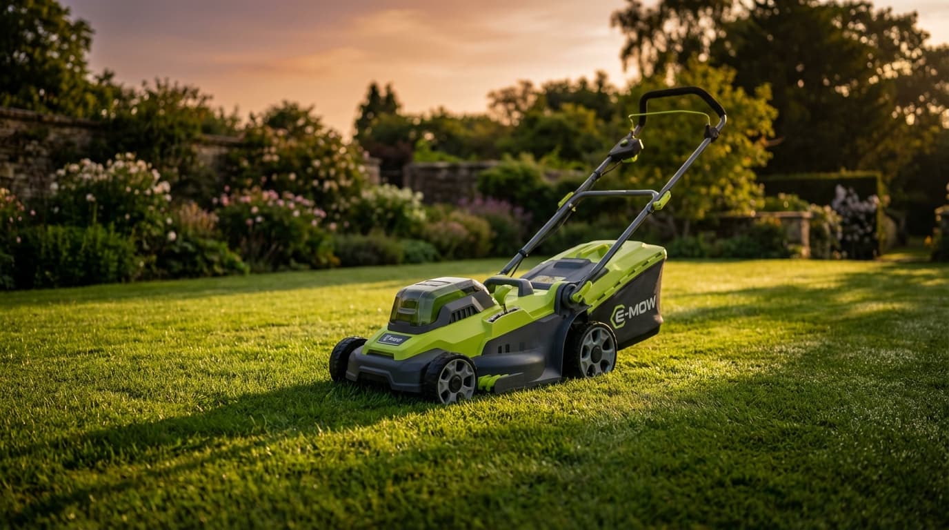 Tondeuse Ryobi dans un jardin Une tondeuse électrique Ryobi immobilisée sur une pelouse verdoyante sous une lumière de fin de journée.