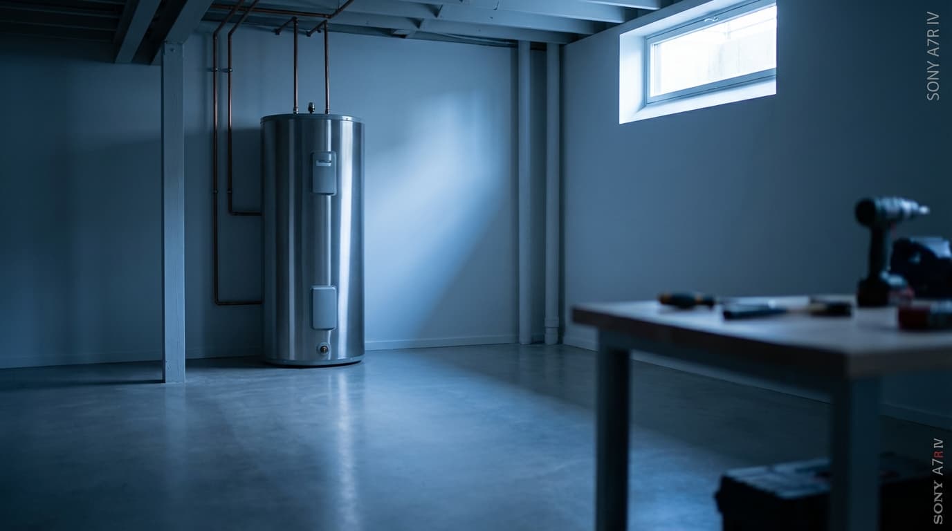 Chauffe-eau électrique en heures creuses Un chauffe-eau moderne installé dans une buanderie sombre avec un éclairage nocturne cinématique.