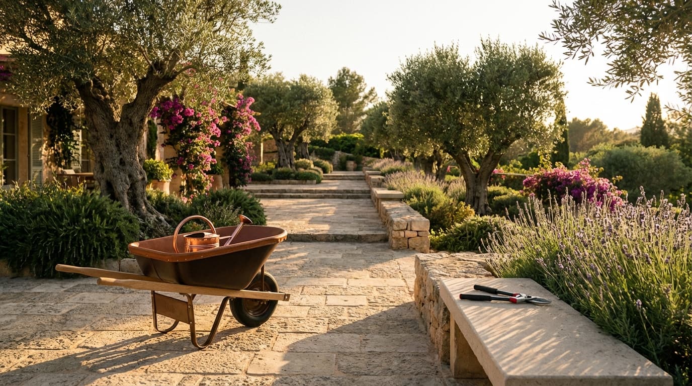 Ambiance éditoriale jardin Laurus Un jardin paysager luxueux baigné par la lumière du soleil couchant mettant en avant l'univers de la marque Laurus.
