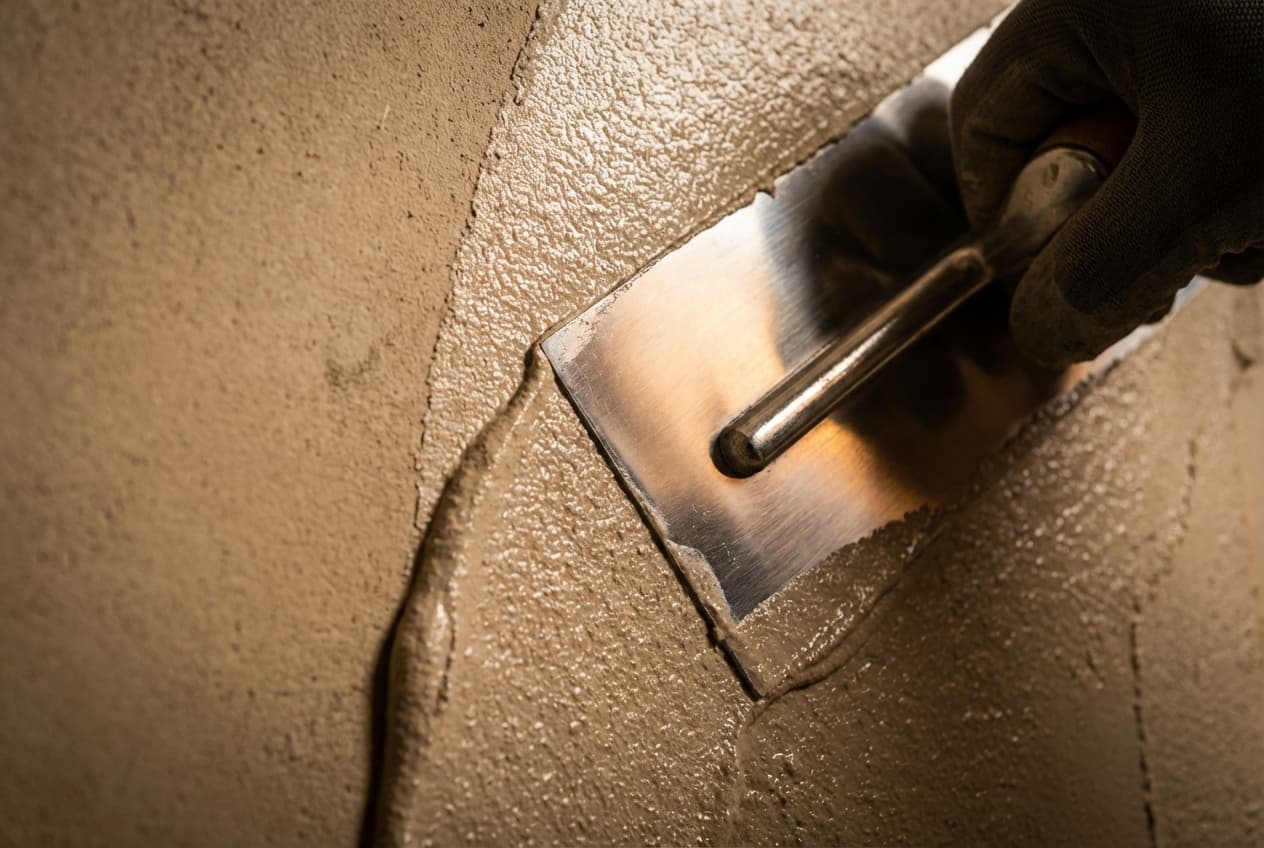 Séchage et couleur définitive de l'enduit de façade Gros plan d'une taloche de maçon appliquant un enduit de façade beige.