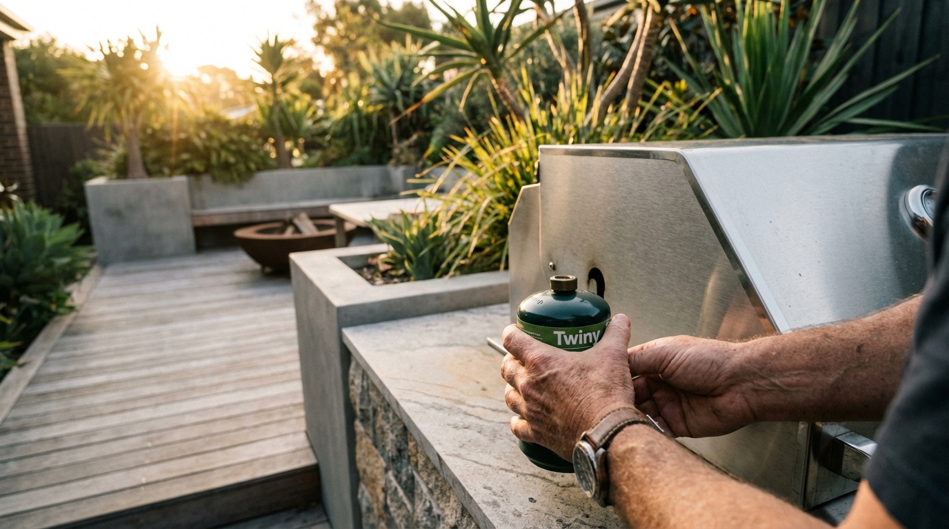 Installation d'une bouteille de gaz Twiny verte sur un barbecue dans un jardin élégant au coucher du soleil.