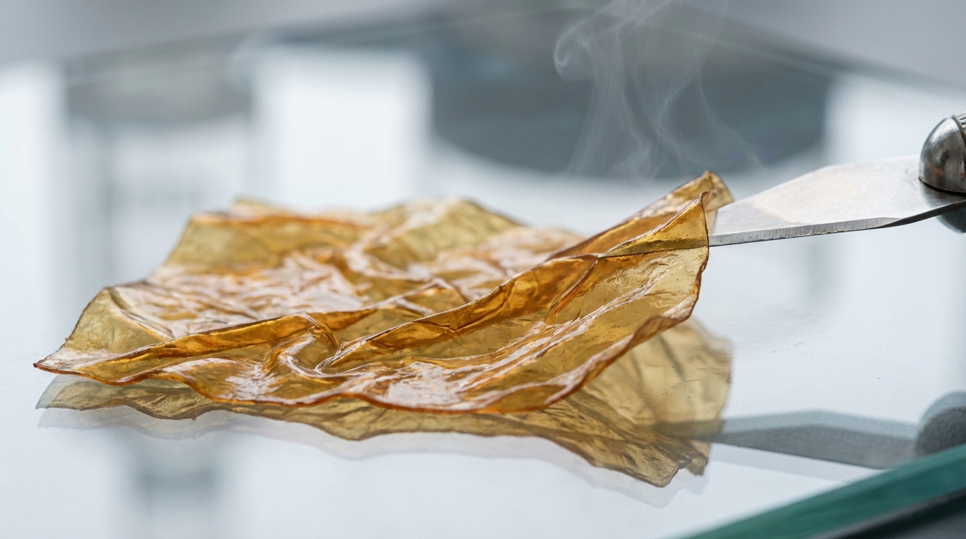 Détail macro du processus de retrait de tissu fondu sur la vitre d'un poêle avec une lame