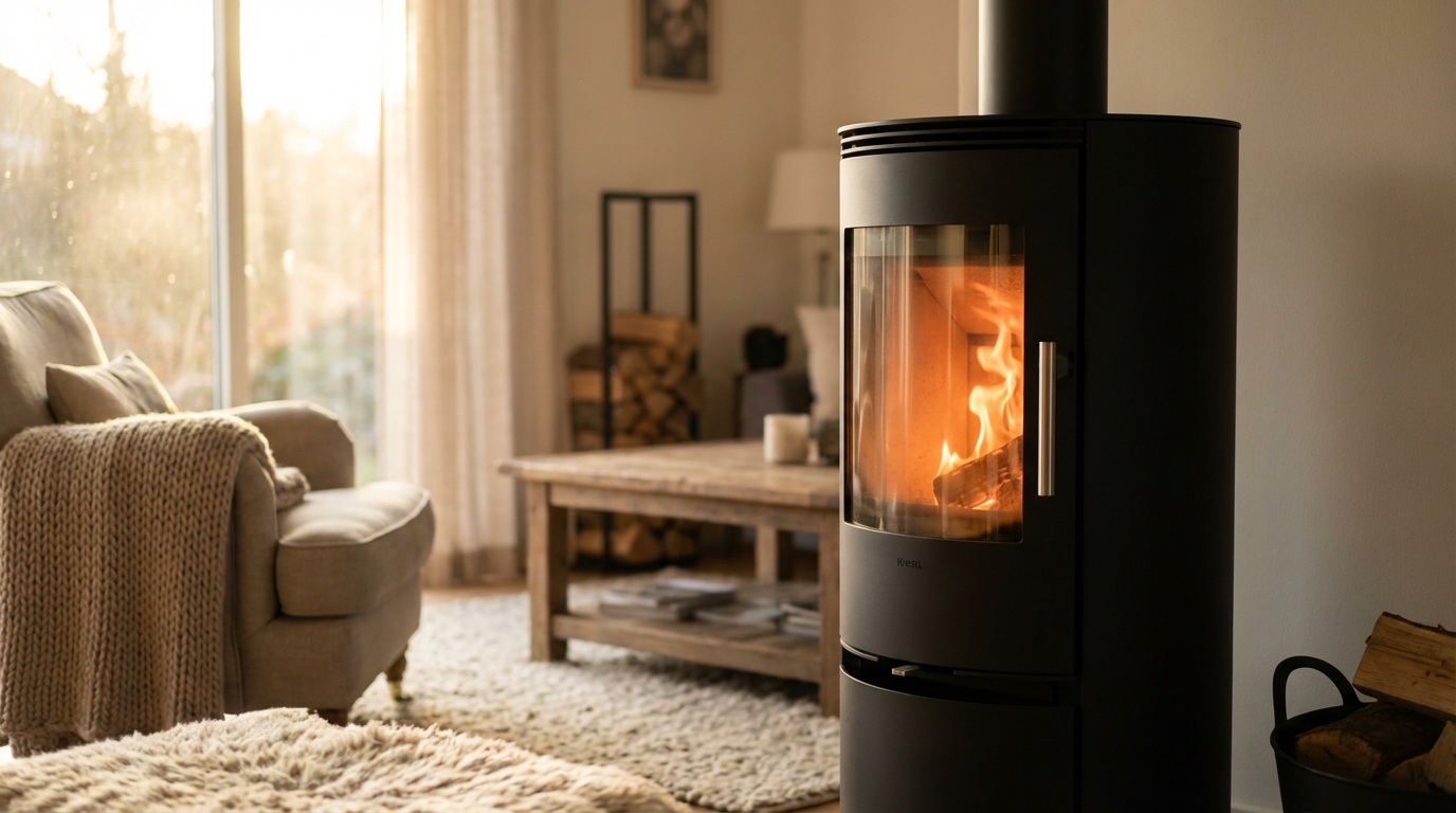 Un poêle à bois moderne allumé dans un salon chaleureux avec une vitre propre montrant les flammes