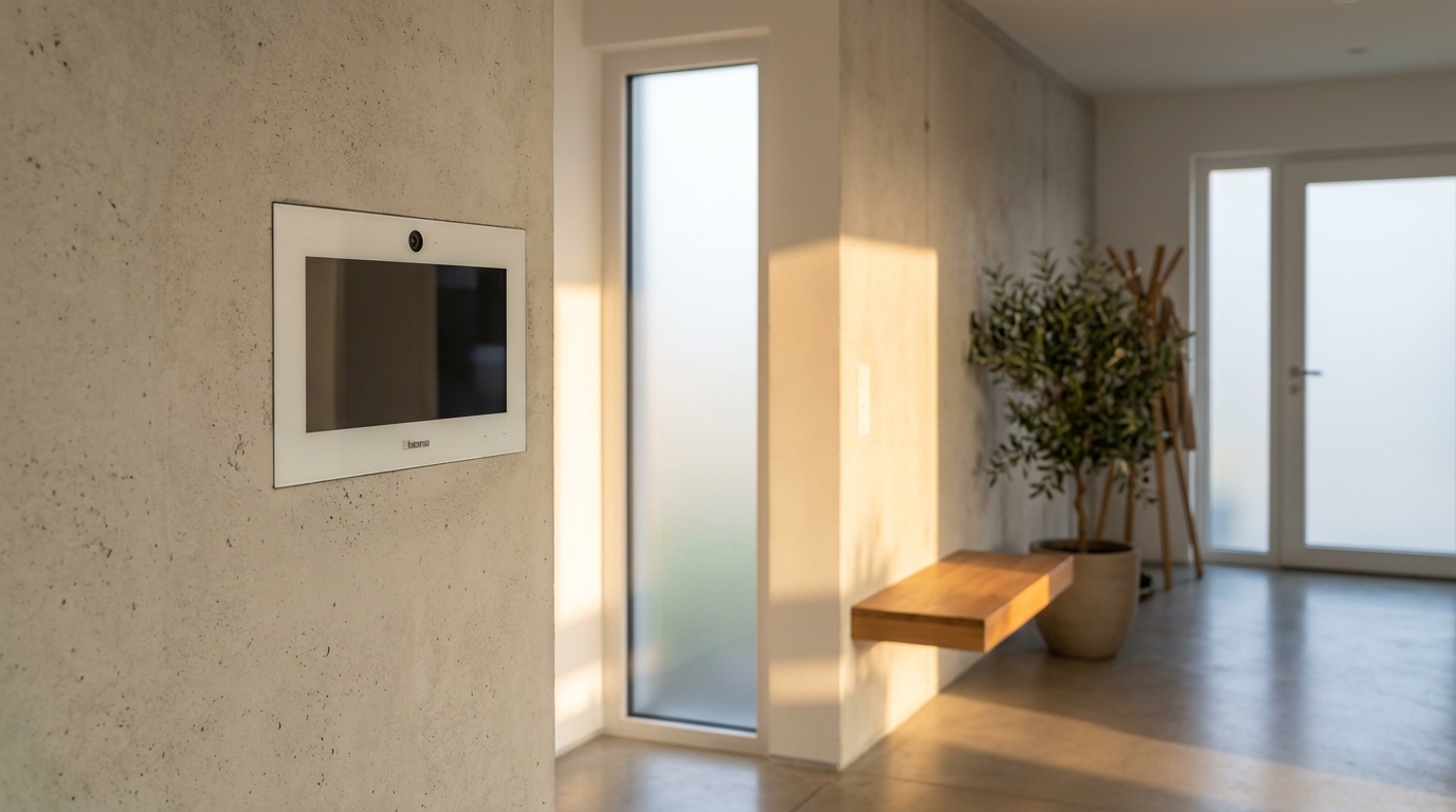 Interphone Bticino Classe 300 haut de gamme Un interphone Bticino Classe 300 élégamment fixé sur le mur d'une entrée de maison moderne au design minimaliste.