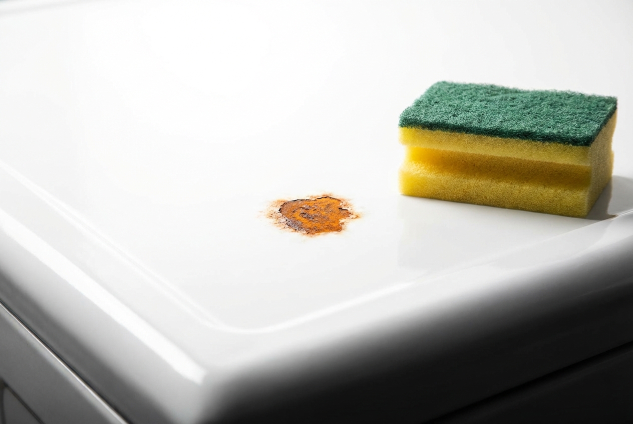 Composition épurée montrant une tache de rouille sur une surface métallique blanche.