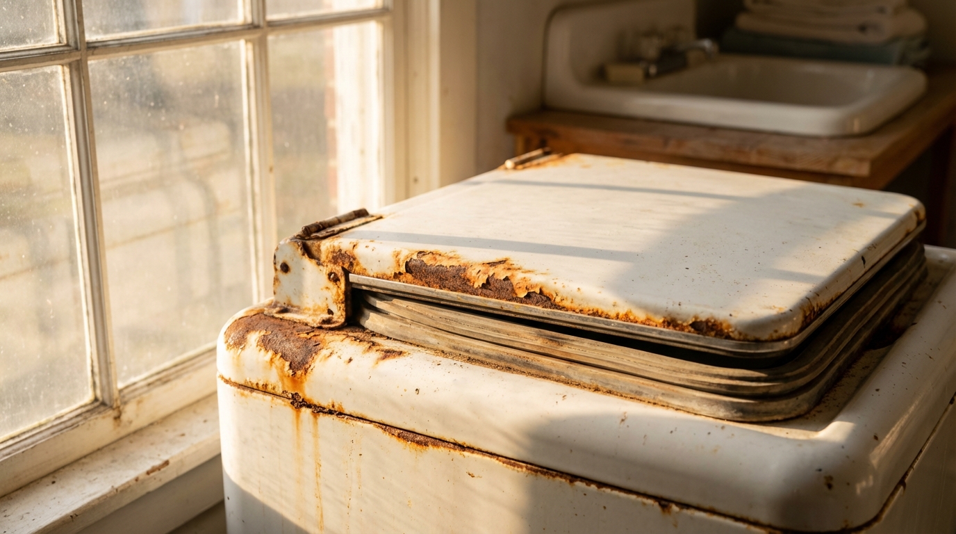 Gros plan esthétique de taches de rouille sur le couvercle blanc d'une machine à laver dans une buanderie baignée de lumière naturelle.