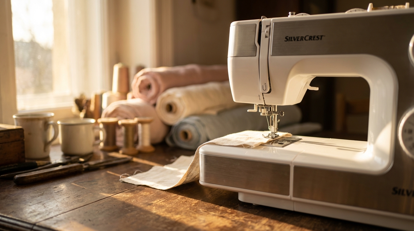 Photographie éditoriale d'une machine à coudre Silvercrest dans un atelier baigné de lumière naturelle.