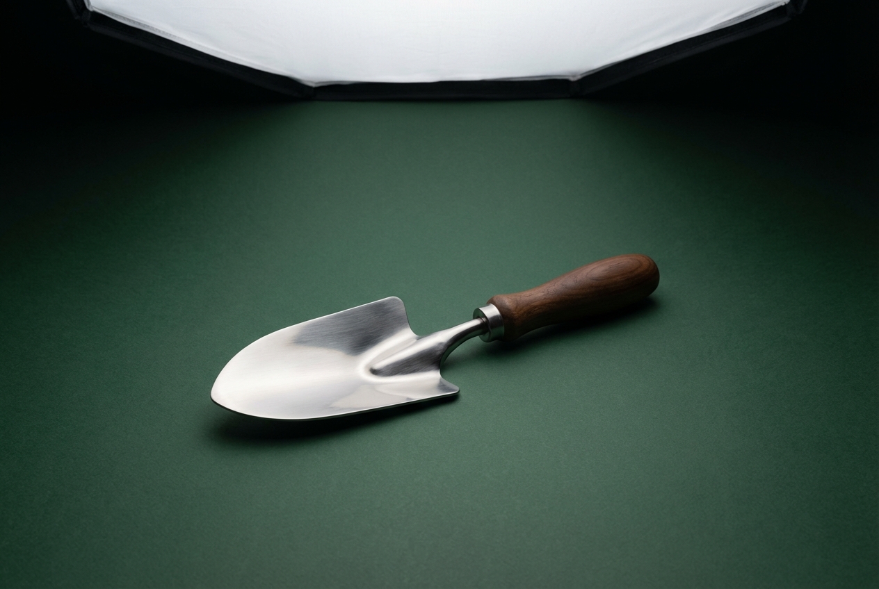 Analyse de la marque Laurus et avis sur les équipements Gros plan minimaliste d'un outil de jardinage haut de gamme sur fond vert foncé.