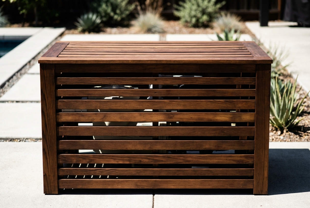 Gros plan sur la structure en lattes de bois d'un coffre de filtration de piscine.