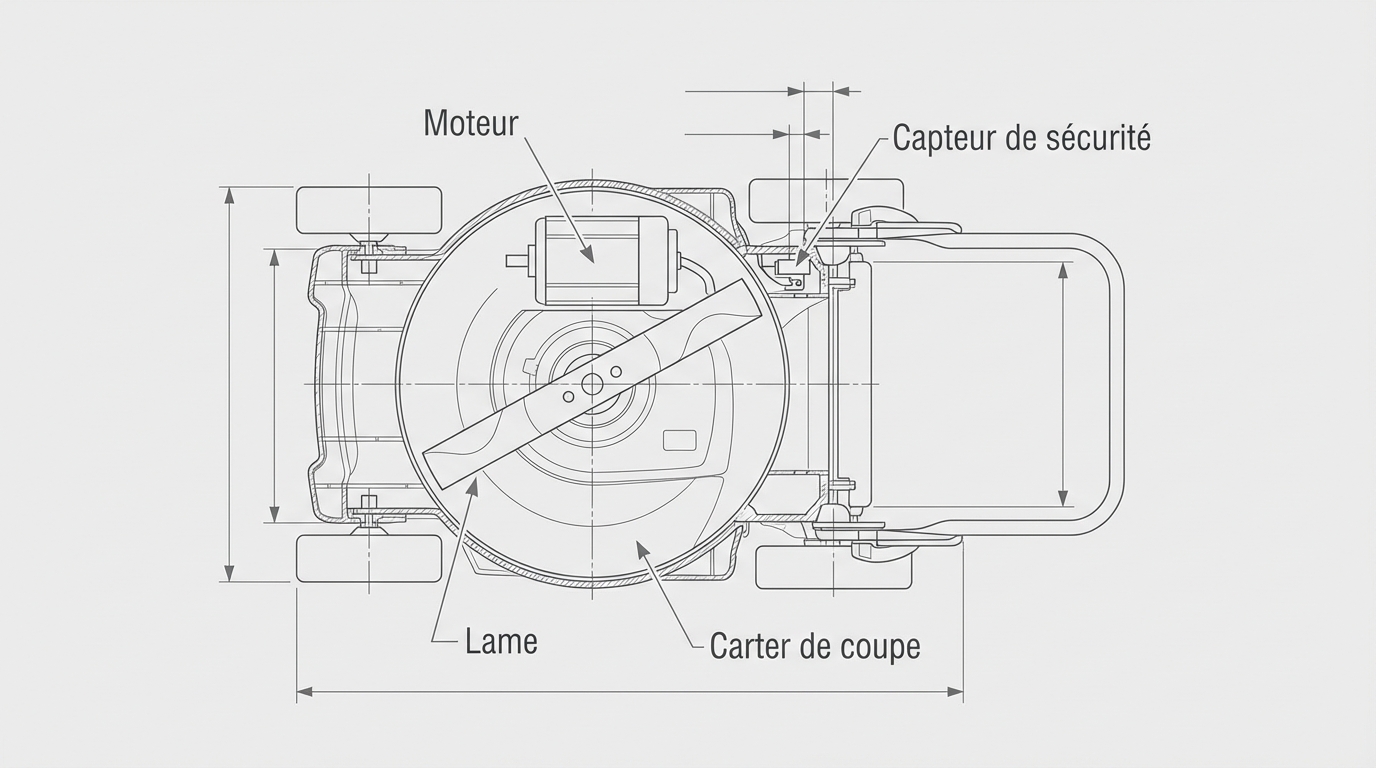 Schéma technique détaillé de l'intérieur et de la lame d'une tondeuse avec annotations en français.