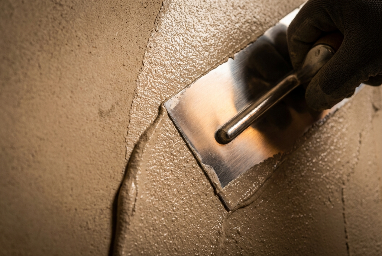 Séchage et couleur définitive de l'enduit de façade Gros plan d'une taloche de maçon appliquant un enduit de façade beige.