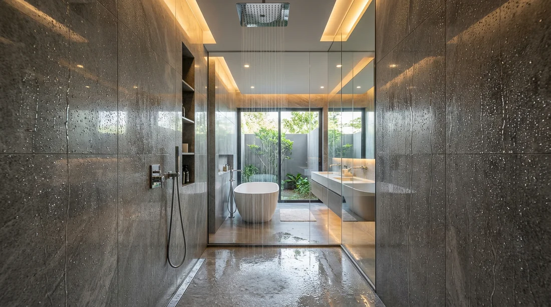 Salle de bain moderne avec revêtement Dumawall étanche aspect pierre