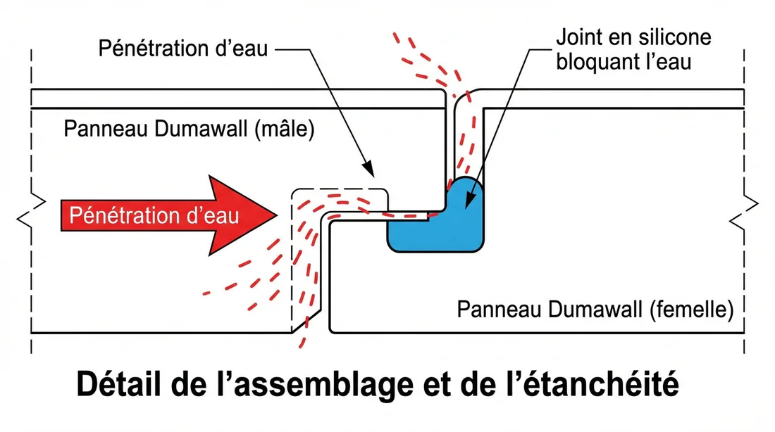 Schéma technique de l'étanchéité d'un joint Dumawall avec silicone