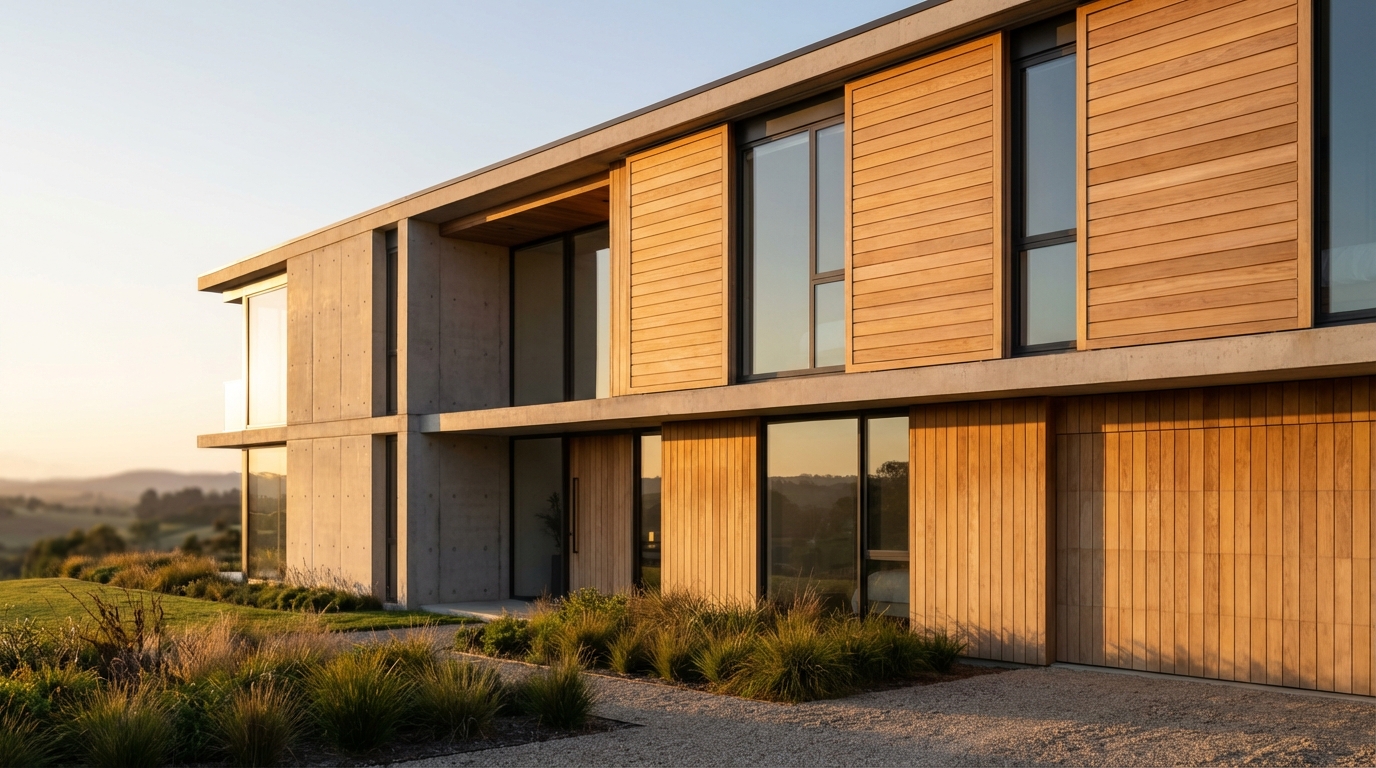 Façade de maison moderne avec des volets battants en bois au design épuré sans renfort en Z, sous une lumière de fin de journée.