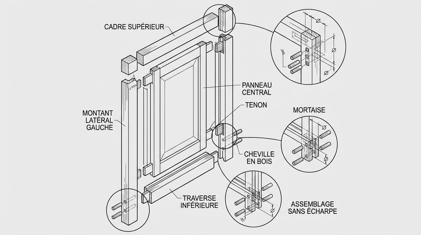 Illustration technique montrant l'assemblage interne et les liaisons tenon-mortaise d'un volet en bois conçu sans écharpe en Z.