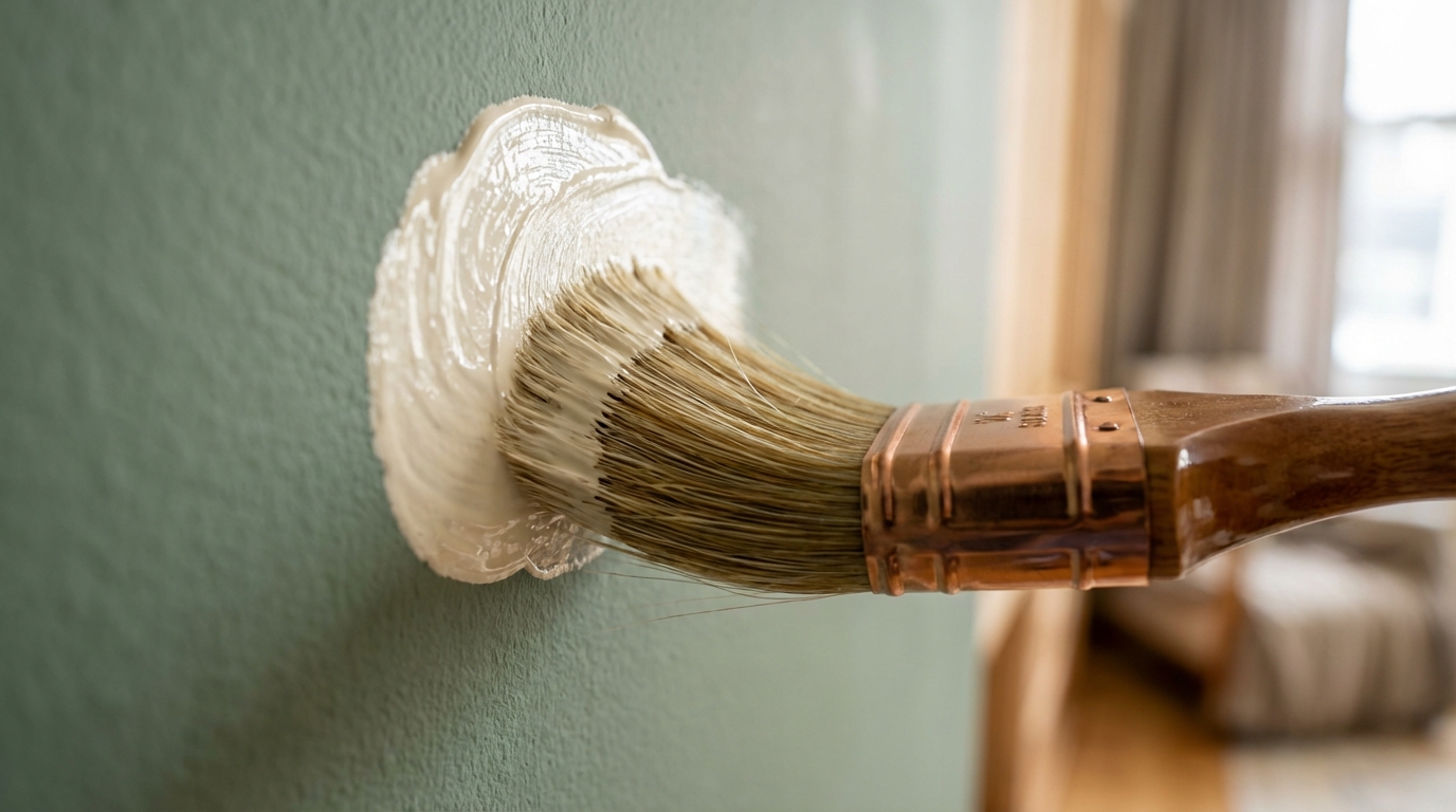 Application de peinture glycéro sur peinture à l'eau Gros plan cinématographique d'un pinceau appliquant une peinture glycéro brillante sur une surface mate à l'eau.