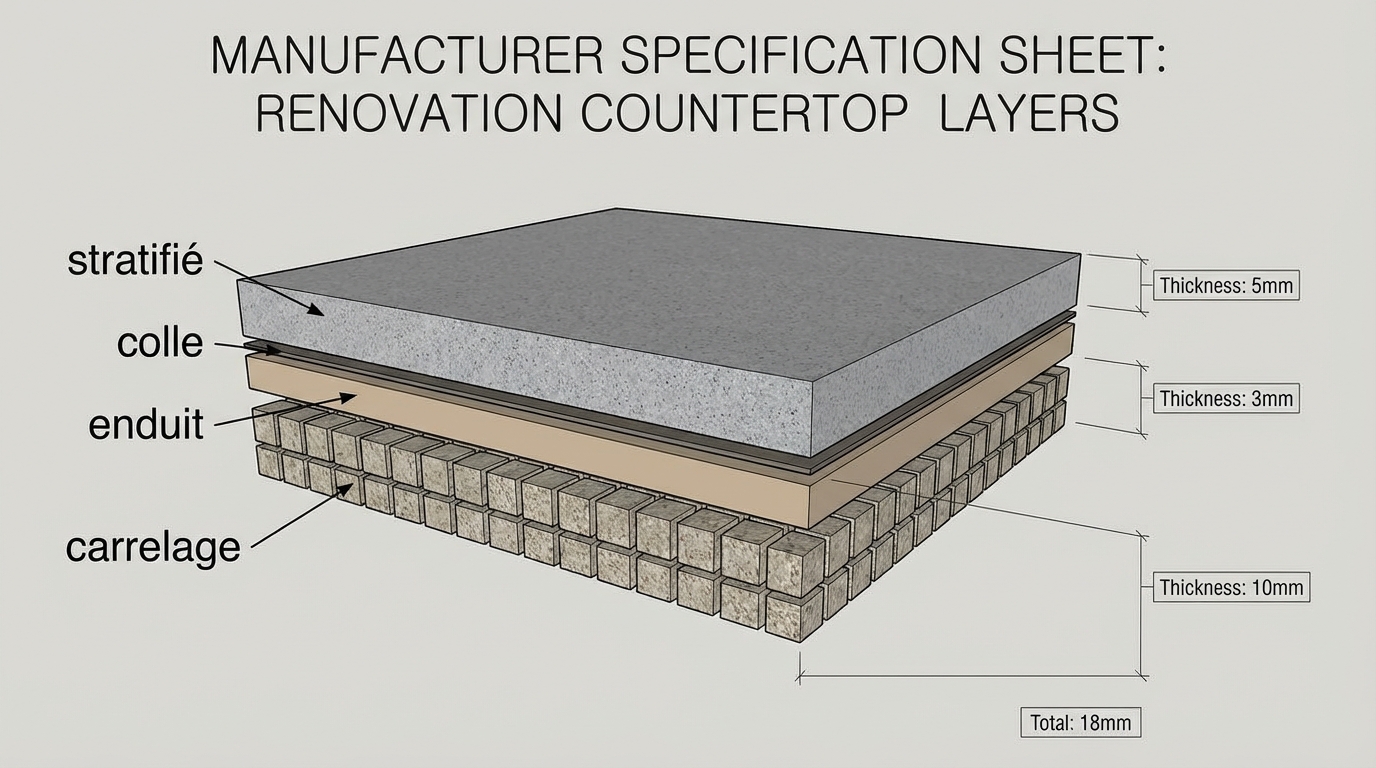 Schéma technique montrant l'empilement des couches : carrelage, enduit de lissage et stratifié.