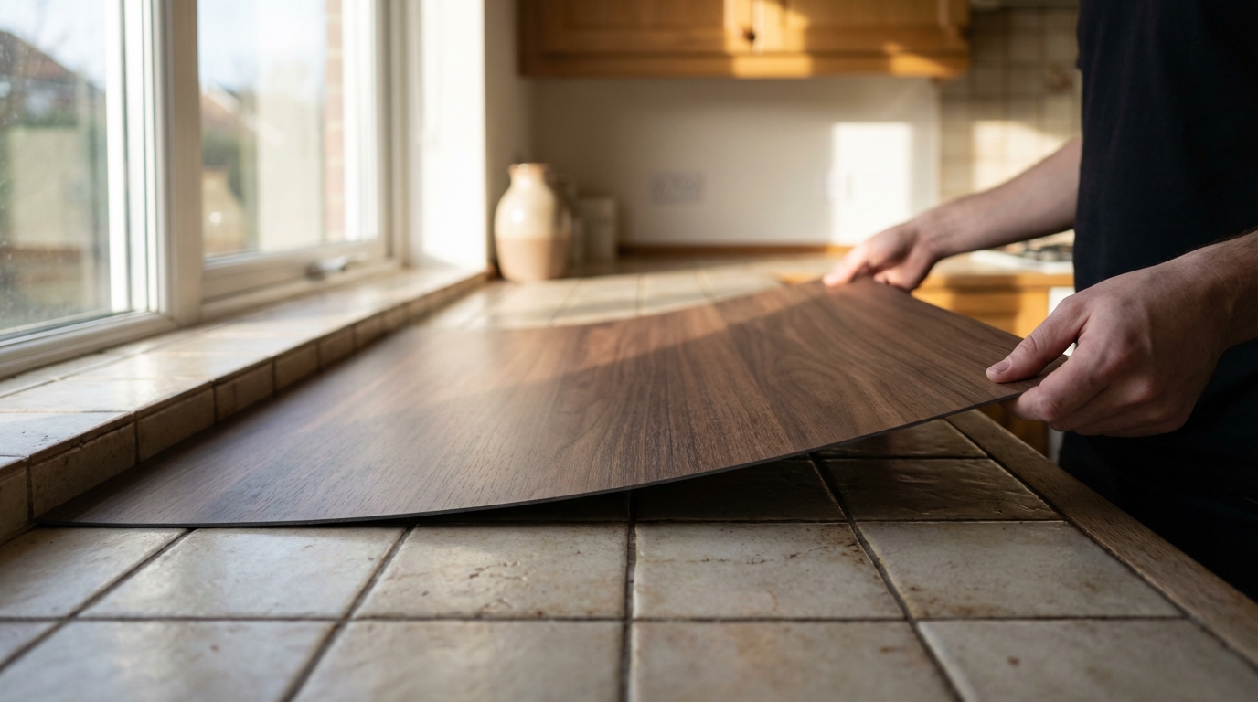 Vue rapprochée de la pose d'un plan de travail en stratifié sur un ancien carrelage de cuisine.