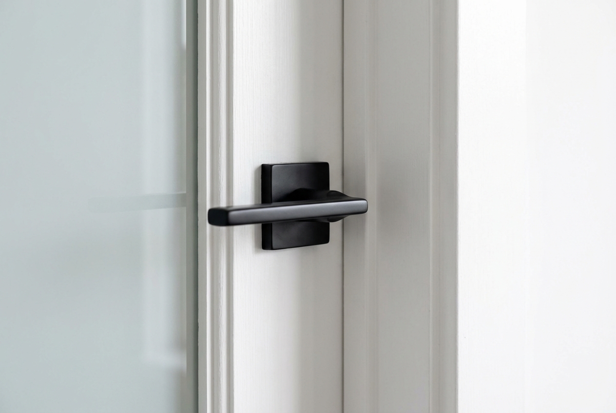 Relooker une porte vitrée rustique : étapes et matériaux Gros plan sur une poignée moderne noire sur le cadre blanc d'une porte vitrée.