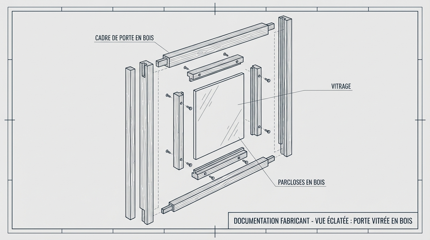 Schéma technique en vue éclatée présentant les composants d'une porte vitrée pour faciliter le démontage et la rénovation.