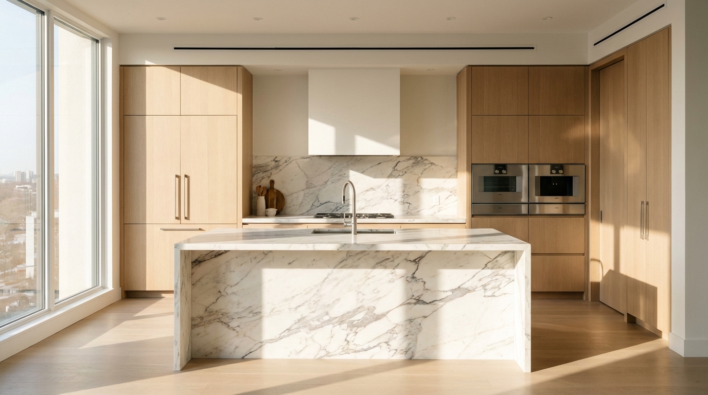 Cuisine moderne luxueuse avec un réfrigérateur parfaitement intégré et caché dans des armoires en bois sur mesure.