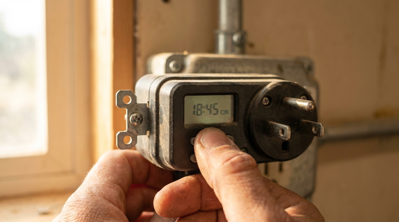 Main réglant les paramètres d'une prise programmable pour un chauffe-eau électrique.