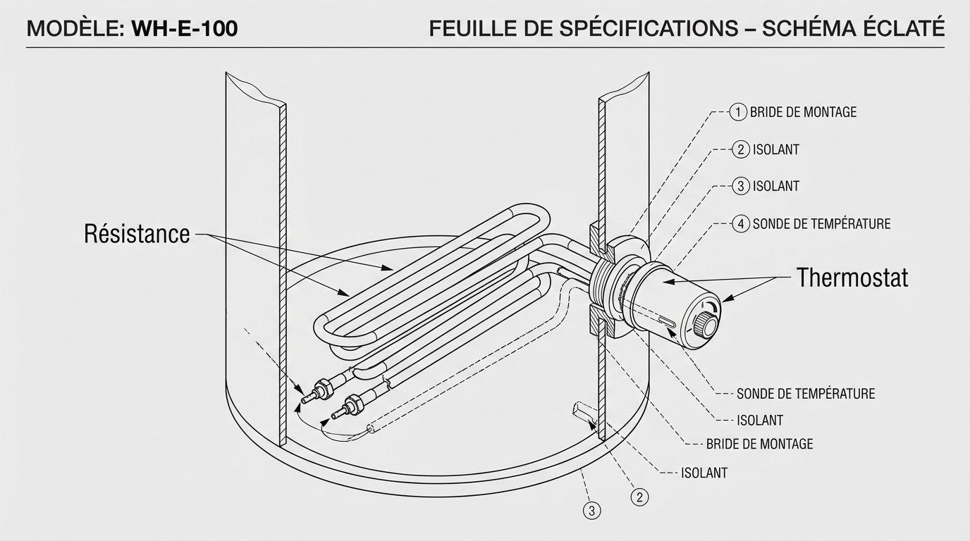 Schéma technique en coupe d'une résistance et d'un thermostat de chauffe-eau avec annotations en français.